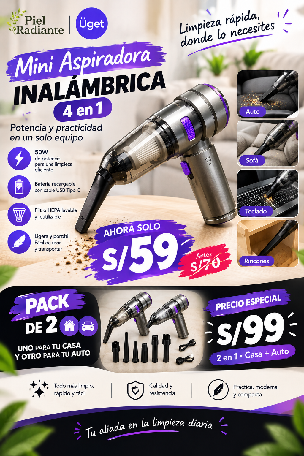 Aspiradora portátil 3 en 1 inalámbrica