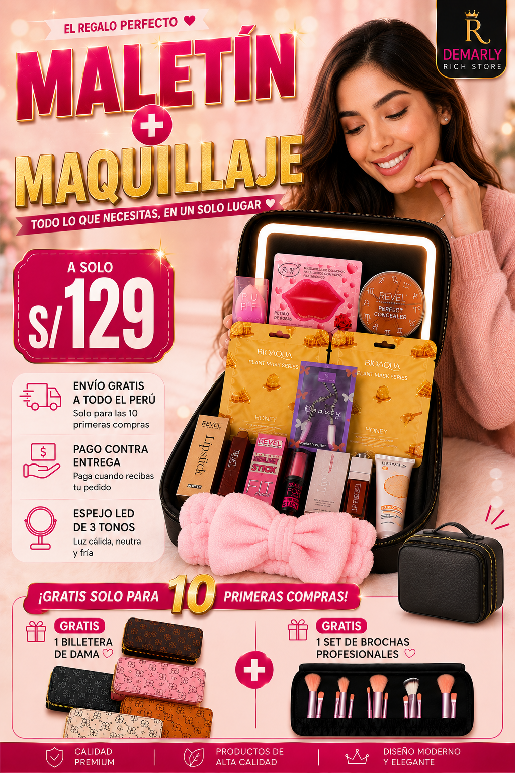 Maletín de maquillaje con espejo LED