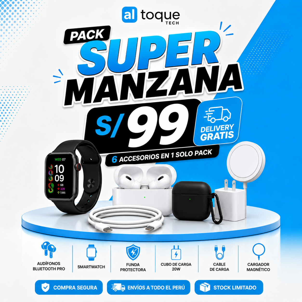 Pack smartwatch con audífonos y power bank