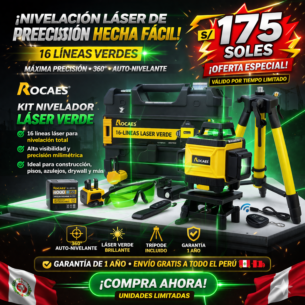 Nivel láser 16 líneas 4D con trípode