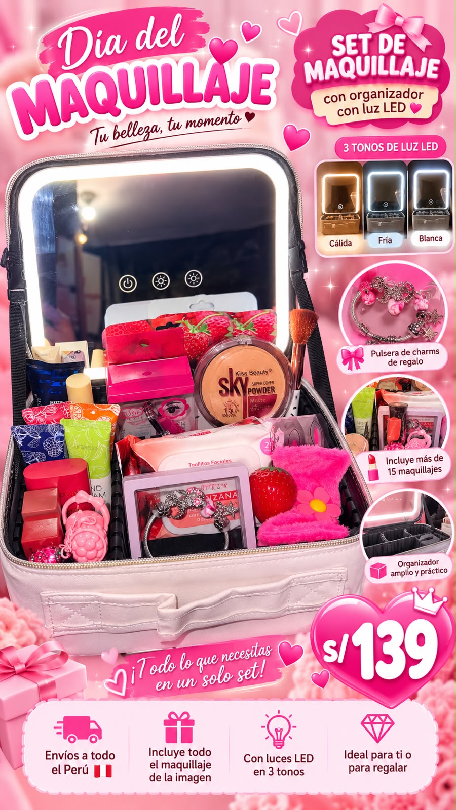Maletín de maquillaje con espejo LED