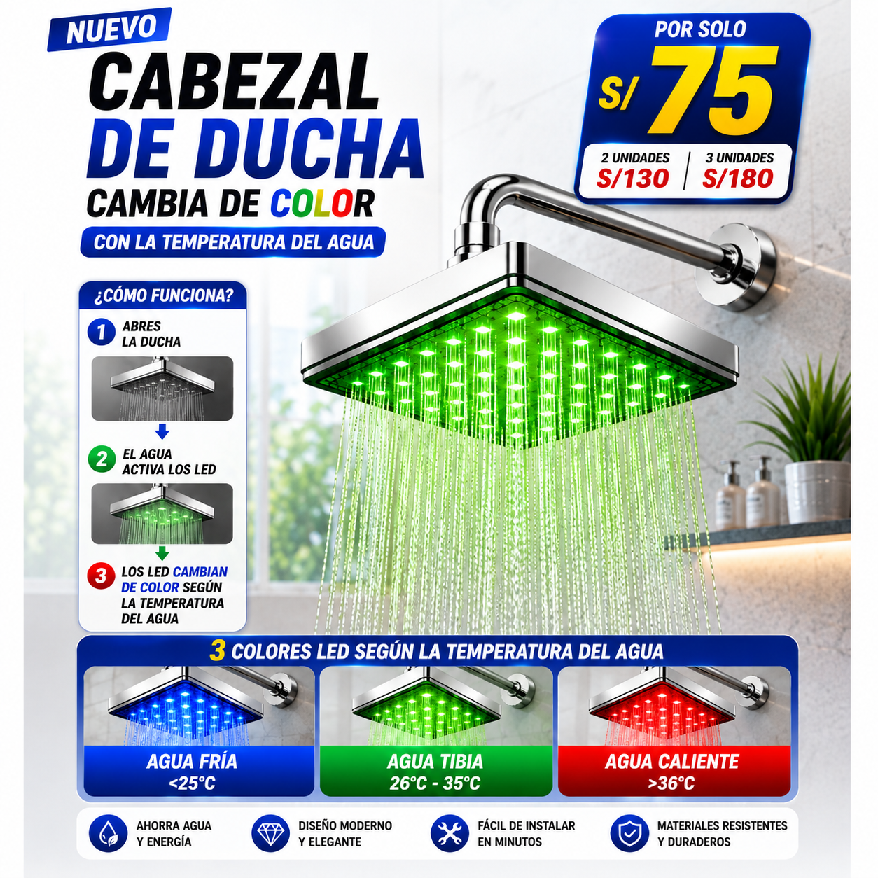 Cabezal de ducha LED que cambia de color